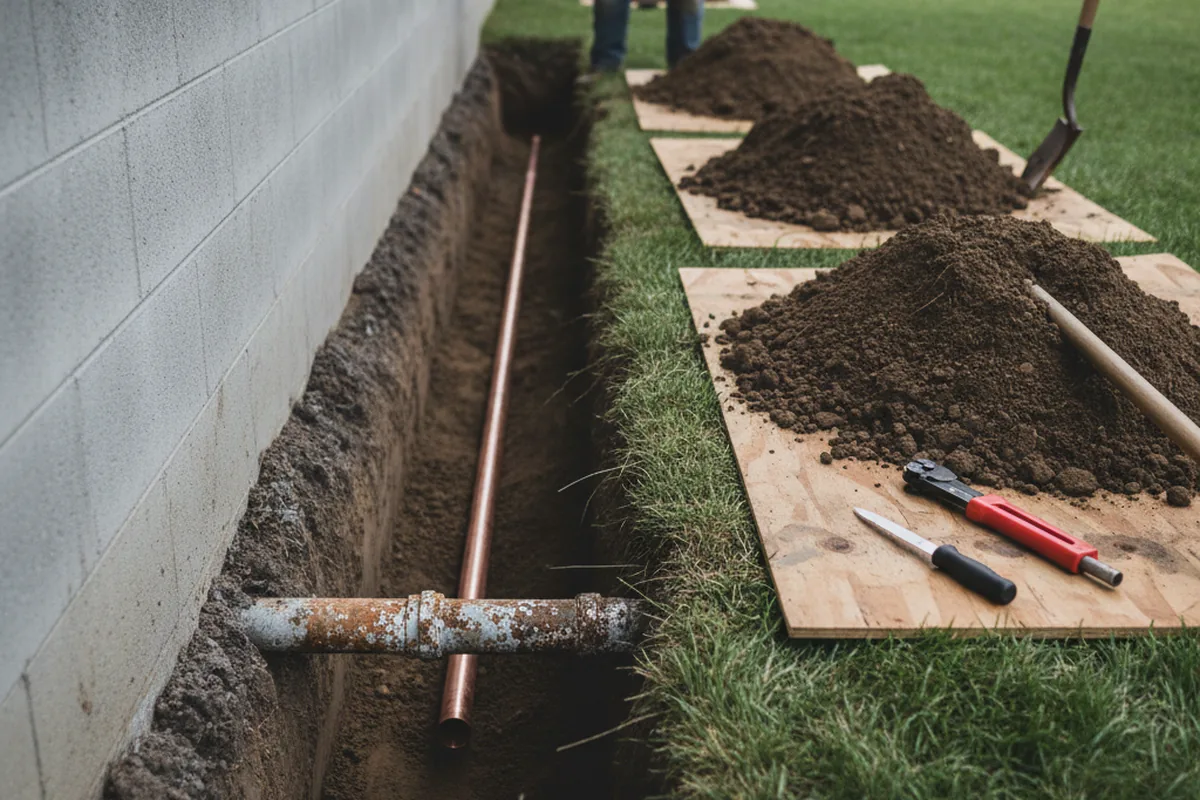 Excavated water line trench during Sewer Line Repair in Azusa